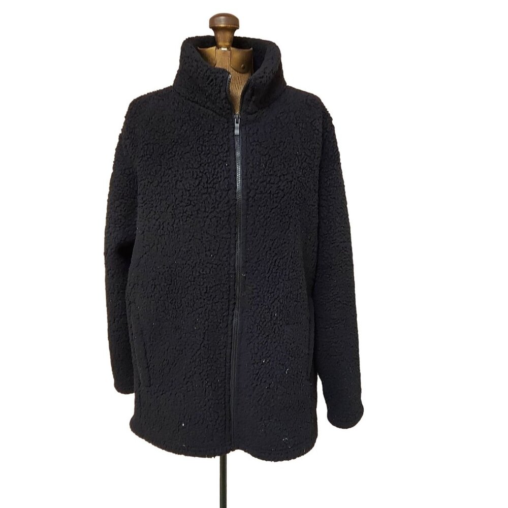 Zenana Jacket Womens L Fleece Teddy Bear Full Zip High Mock Neck Coat Black